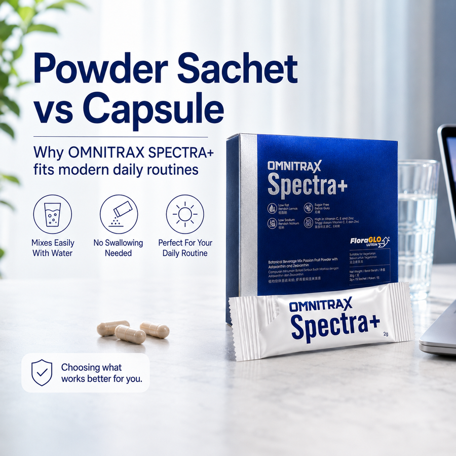 OMNITRAX SPECTRA+ powder sachet and box shown beside capsules, highlighting the difference between daily sachet format and capsule supplements.