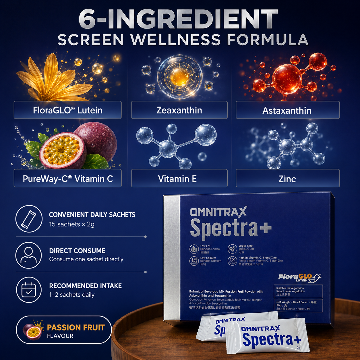 OMNITRAX SPECTRA+ Lutein Powder Sachets | Passion Fruit | 15 × 2g