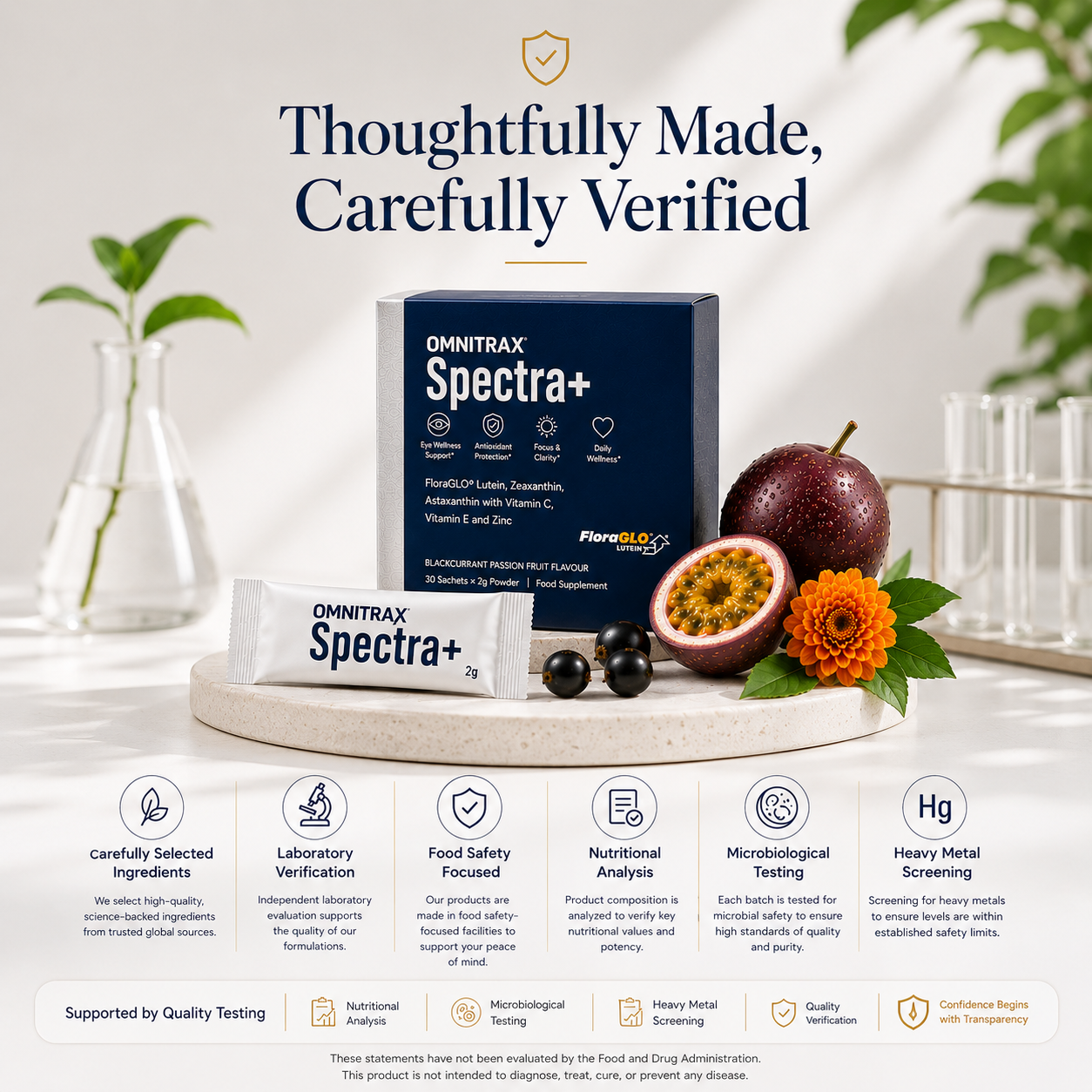 Quality-focused formulation with nutritional analysis, microbiological testing and heavy metal screening.
