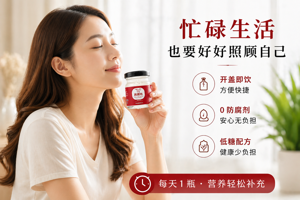 Woman enjoying RUN YAN FANG bird nest drink as a ready-to-drink bird nest beverage for daily self-care and busy routines