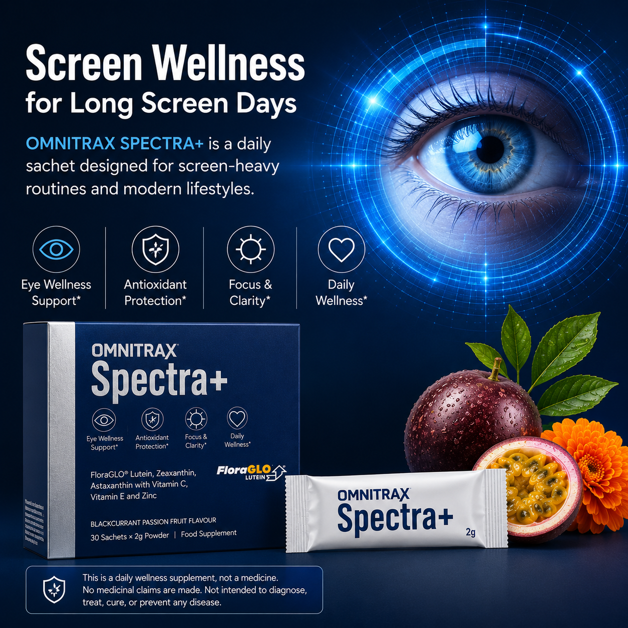 OMNITRAX SPECTRA+ daily sachets designed for long screen days and modern screen-heavy routines.